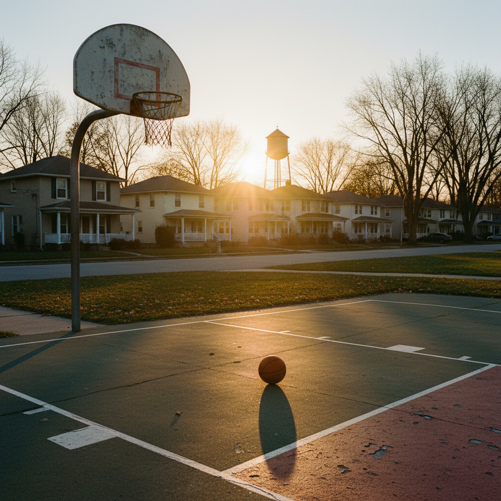 An empty outdoor basketball court at golden hour in a working-class Akron Ohio neighborhood