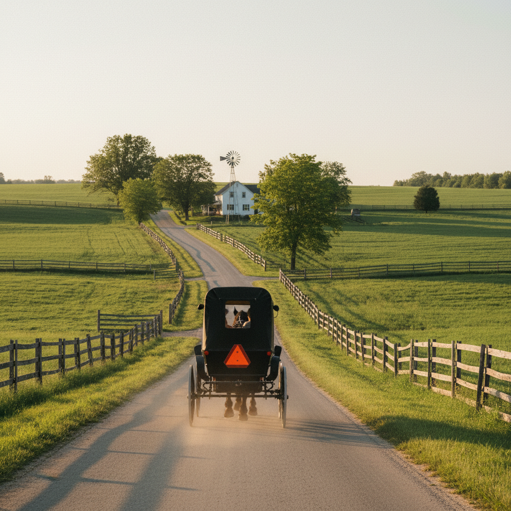 A black Amish buggy on a country road in Holmes County Ohio with rolling farmland behind