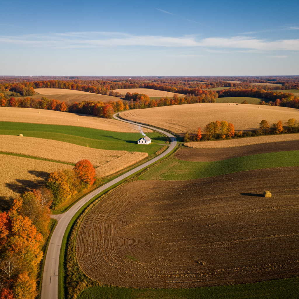 The Amish Country Byway winding through Holmes County at peak fall color with quilt-pattern farm fields and a one-room schoolhouse