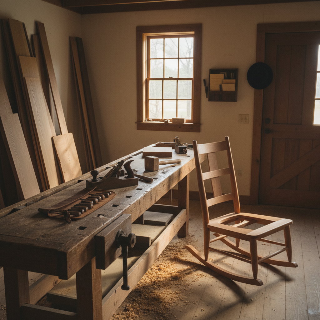 Inside an Amish furniture workshop with hand tools and a half-finished cherrywood rocking chair on the workbench