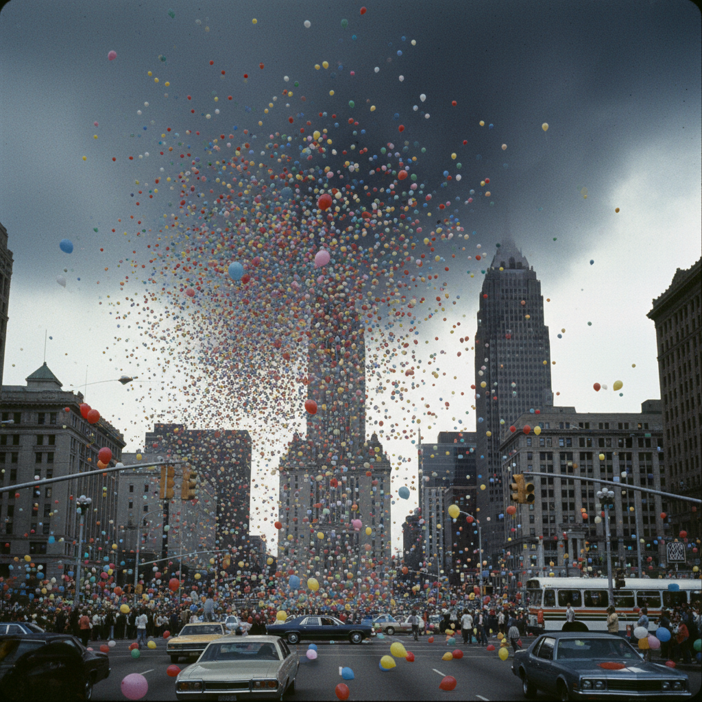 A churning cloud of 1.5 million balloons rising over downtown Cleveland on September 27, 1986