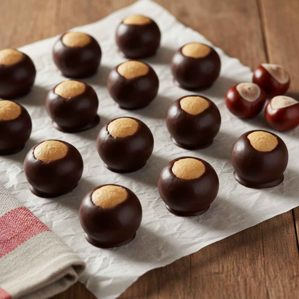 Homemade Ohio Buckeye candies: chocolate-dipped peanut butter balls with exposed circles resembling the state nut