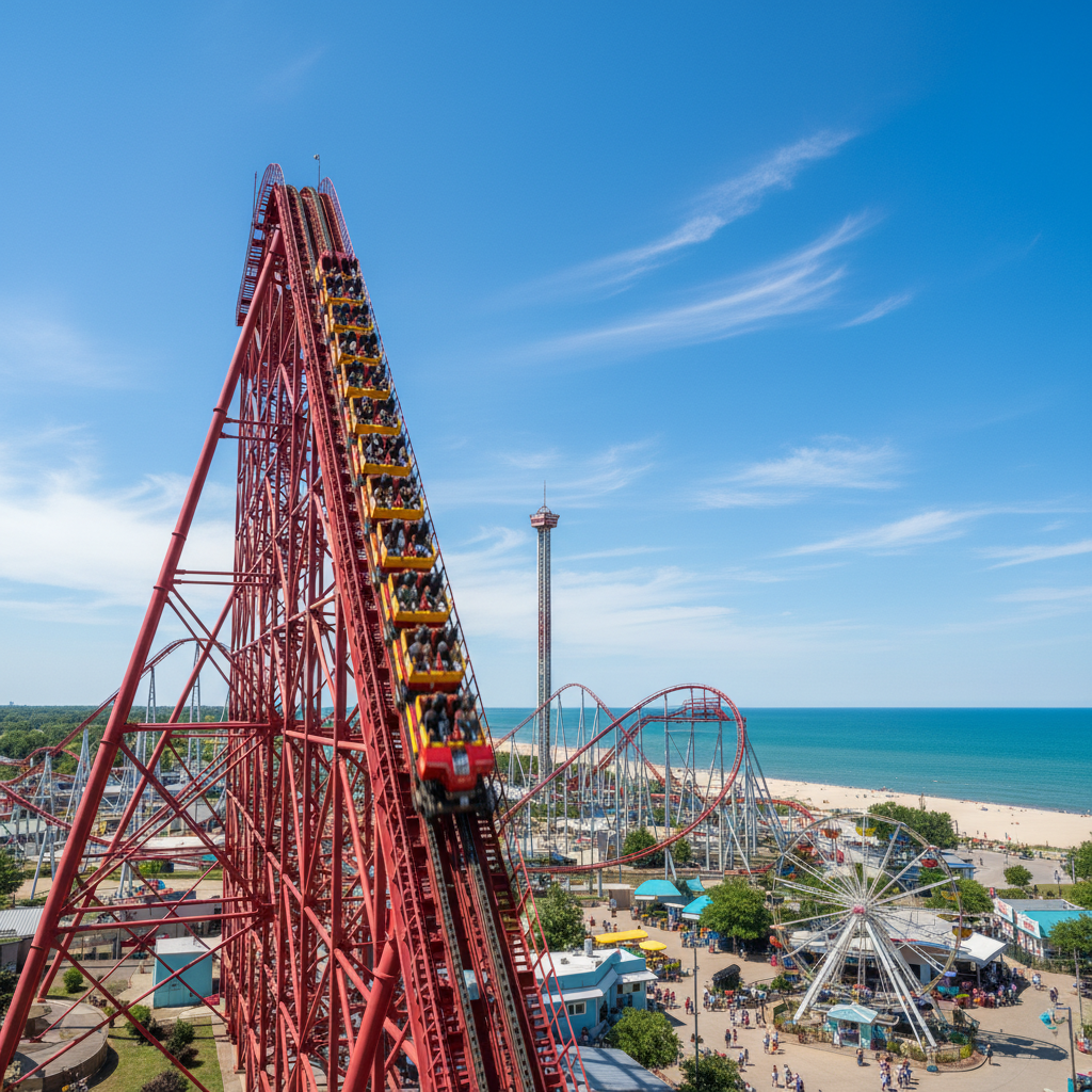 A massive steel roller coaster rising over Cedar Point with Lake Erie behind, Sandusky Ohio