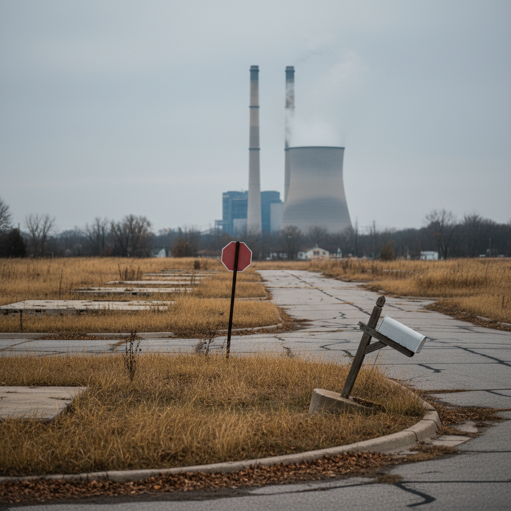 The emptied village of Cheshire — abandoned house lots in the foreground with the Gavin Power Plant smokestacks looming behind