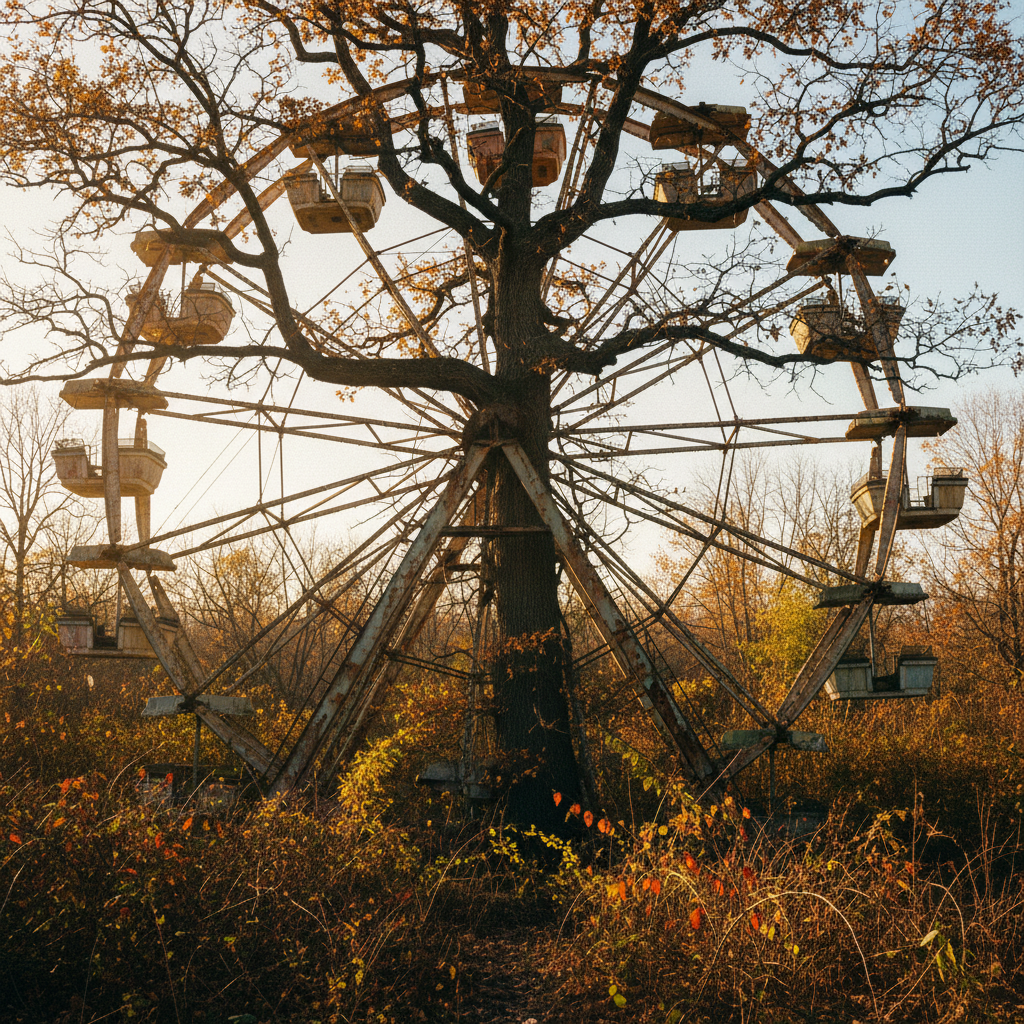 The derelict Chippewa Lake Ferris wheel with a huge oak tree grown through its center hub
