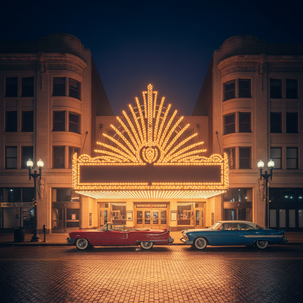 A vintage 1950s Cleveland theater marquee glowing at night above a rain-slicked brick street