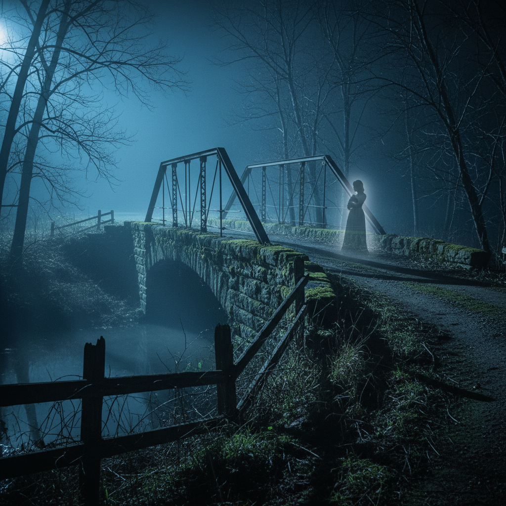A misty rural Ohio stone bridge at night with a ghostly figure holding an infant