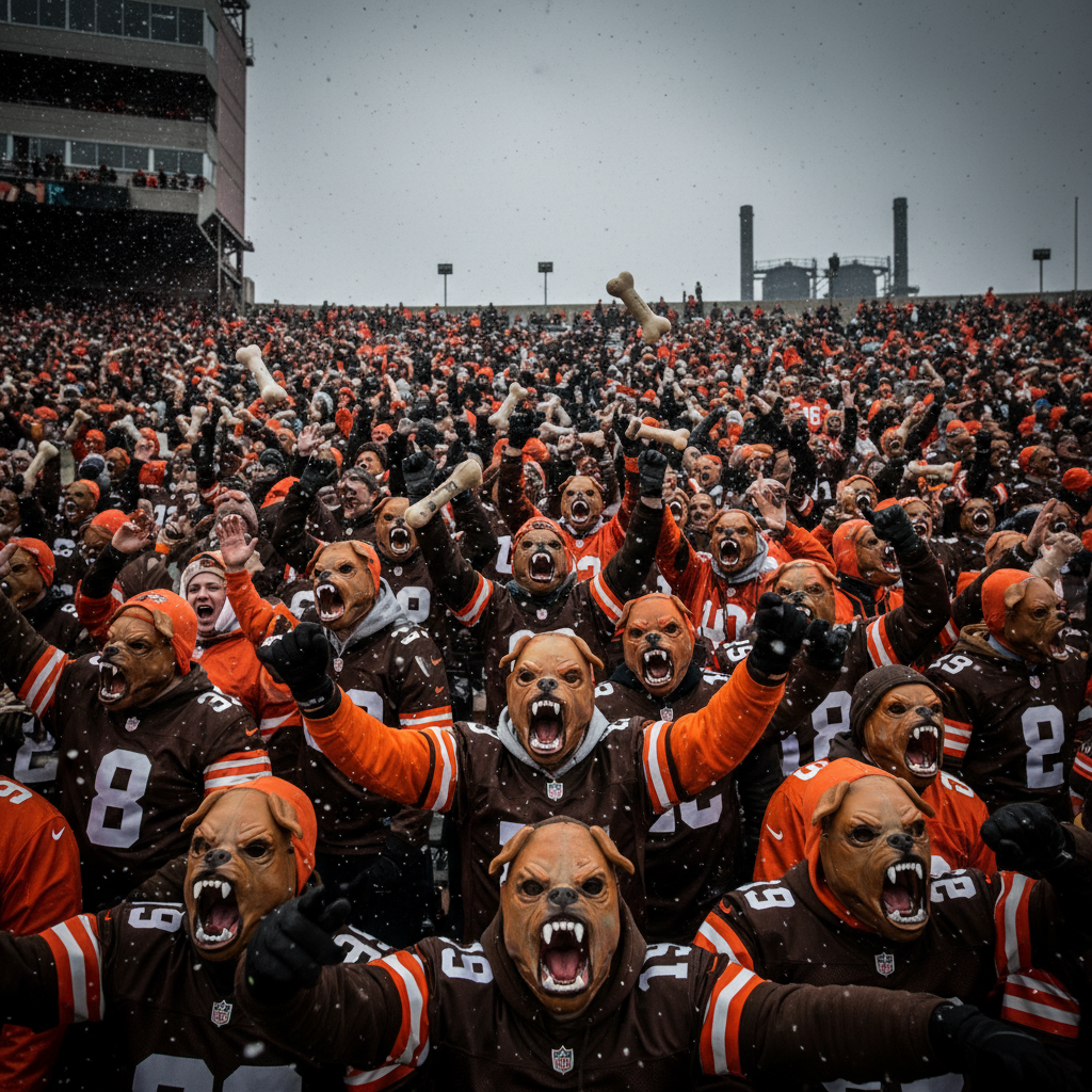 Cleveland Browns fans in dog masks roaring in the Dawg Pound bleacher section