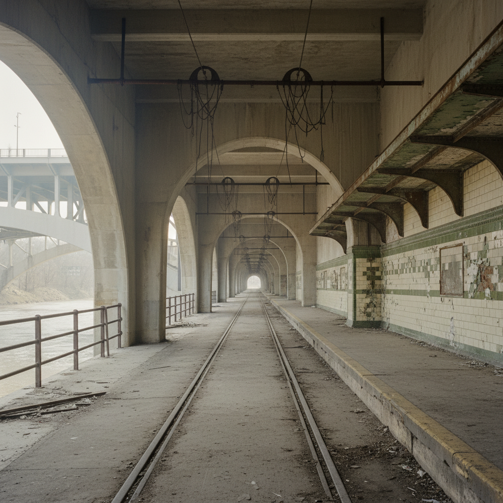 The hidden lower streetcar deck inside Cleveland's Detroit-Superior Bridge — abandoned rails, station platform, and trolley wires