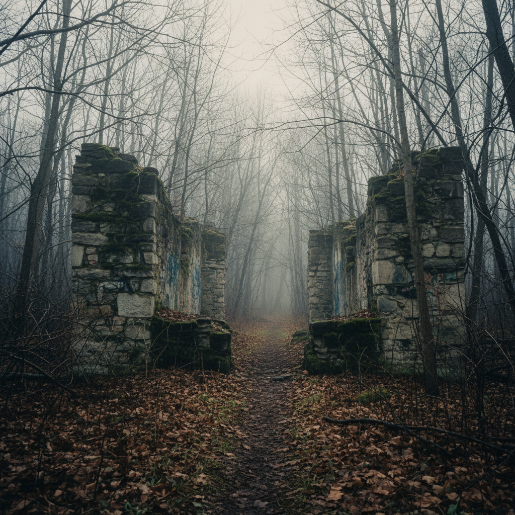 The burned-out stone foundation ruins of the Swift Mansion on Gore Orphanage Road
