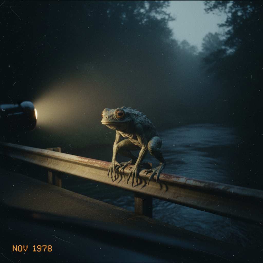 Artist depiction of the Loveland Frogman crouched on a bridge guardrail at night