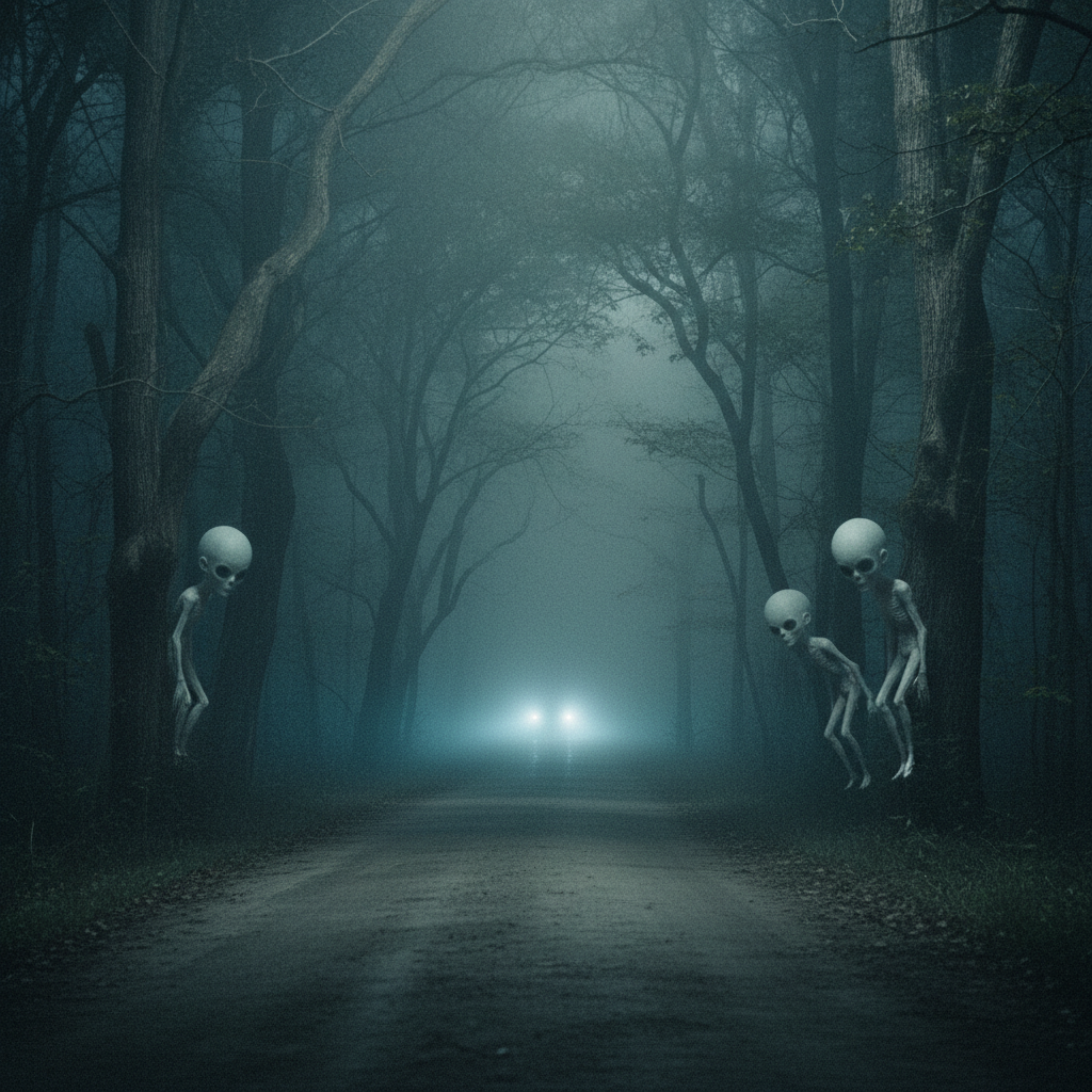 Artist depiction of the Melon Heads of Wisner Road in the misty Kirtland woods