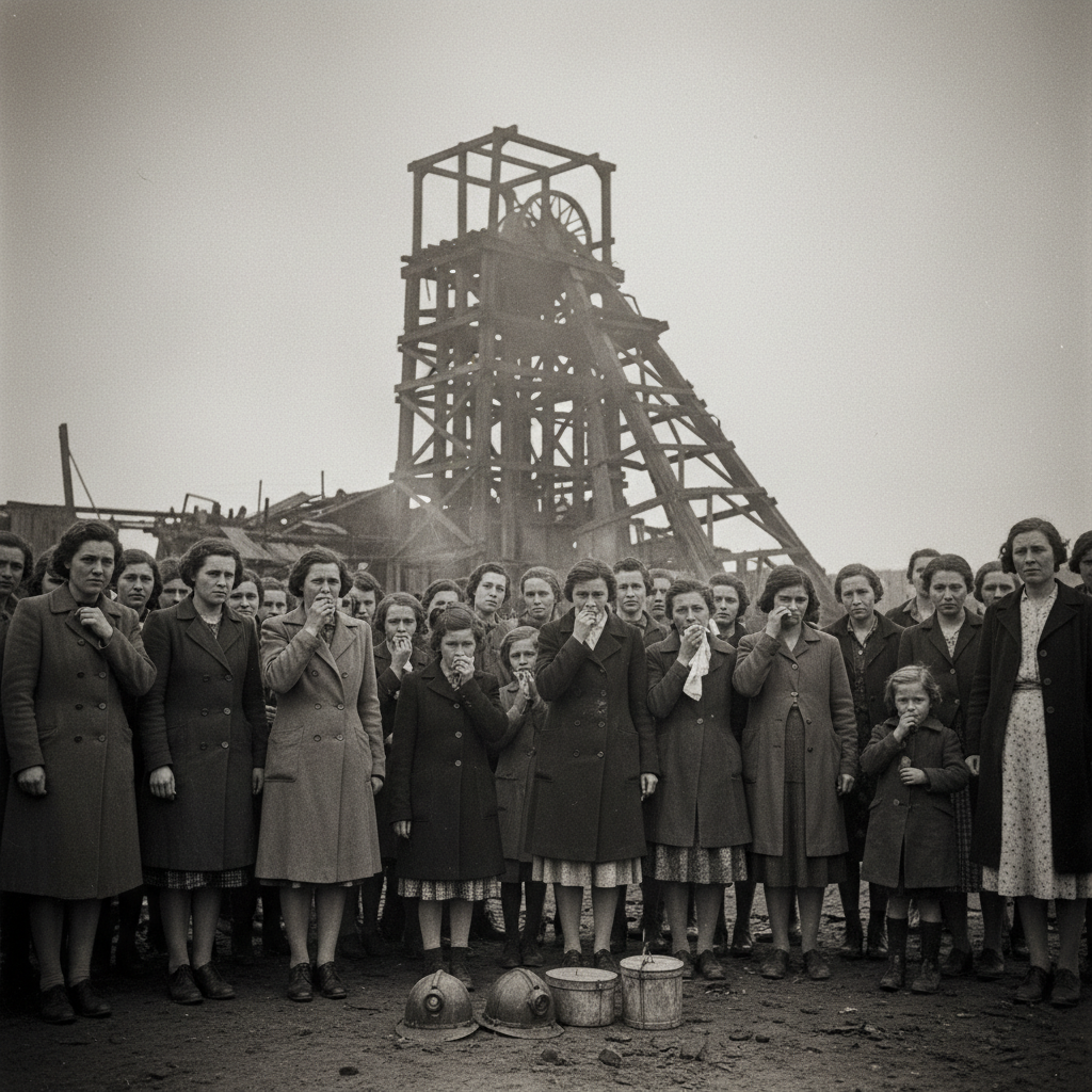 Miners' families gathered outside the Millfield coal mine after the 1930 disaster