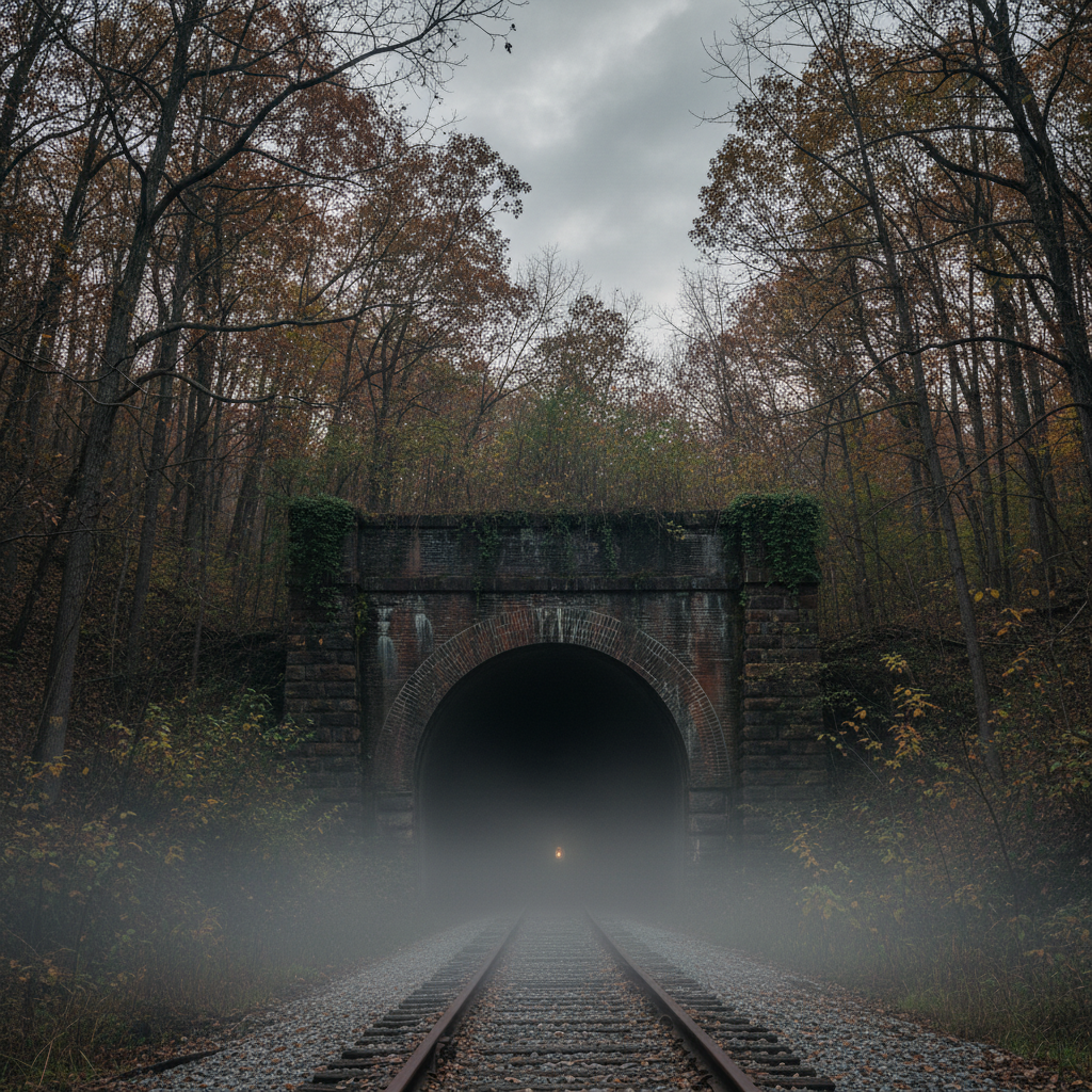 The Moonville railroad tunnel in the Vinton County forest with a faint lantern light visible deep inside