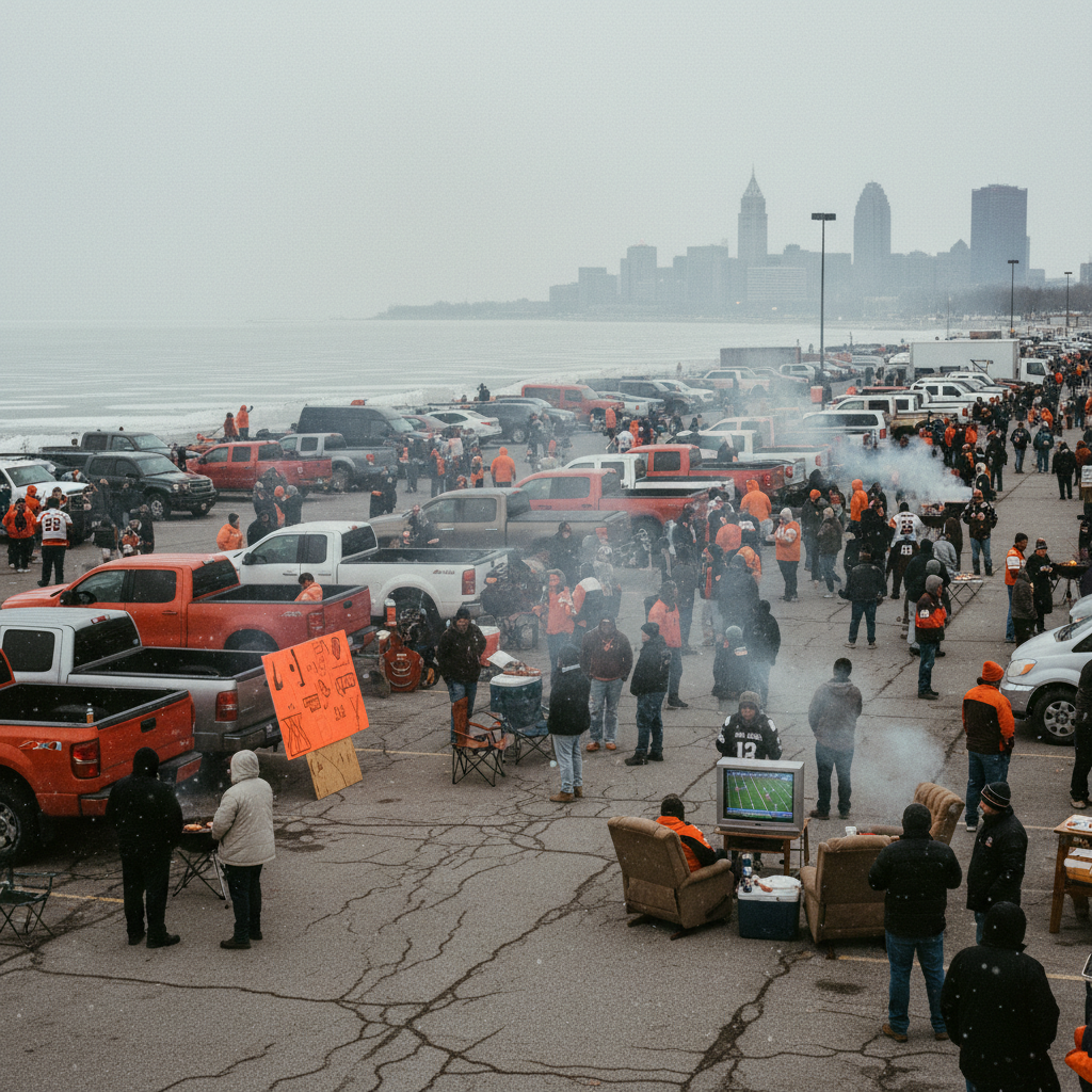 The Muni Lot tailgate scene before a Cleveland Browns game with smoking grills, recliners, and the Cleveland skyline behind