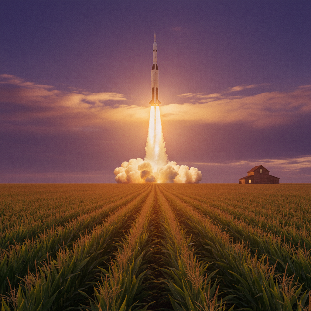 A Saturn V rocket lifting off in the distance over an Ohio cornfield at twilight
