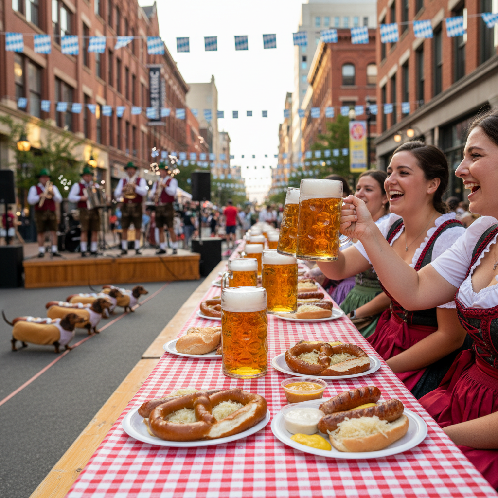 Oktoberfest Zinzinnati: women in dirndls toasting beer steins at a checkered table with pretzels and brats, dachshunds in costume lined up for the Running of the Wieners