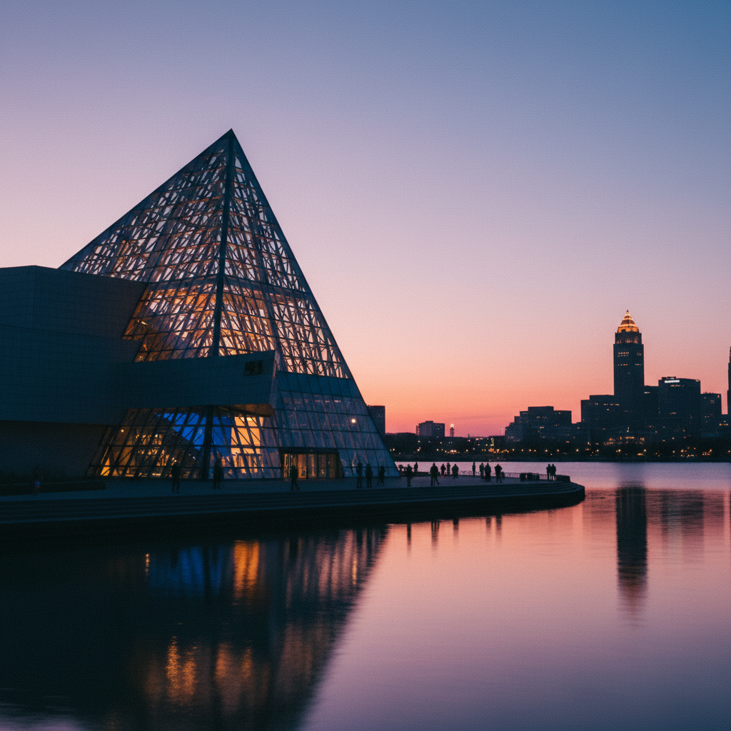 I.M. Pei's glass pyramid Rock and Roll Hall of Fame glowing on the Lake Erie waterfront at dusk