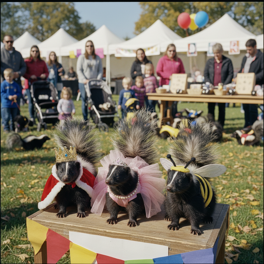 Pet skunks in tiny costumes — a royal crown and cape, a pink tutu, and a bee costume — on a wooden judging platform at Skunk Fest in North Ridgeville, Ohio