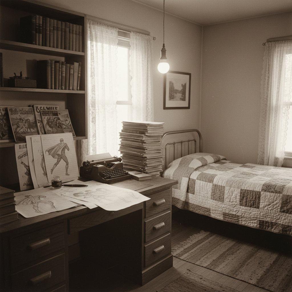 A 1932 Cleveland teenager's bedroom desk piled with pencil sketches of a caped flying hero