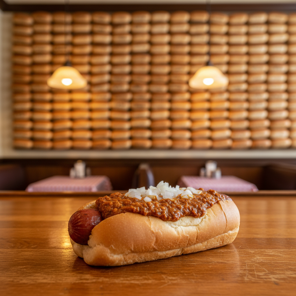 A Tony Packo's Hungarian hot dog on a wooden counter with the famous wall of celebrity-signed buns behind it