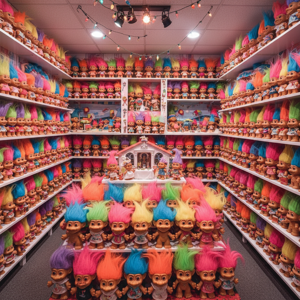 Walls of vintage troll dolls with wild neon hair at the Troll Hole Museum in Alliance, Ohio