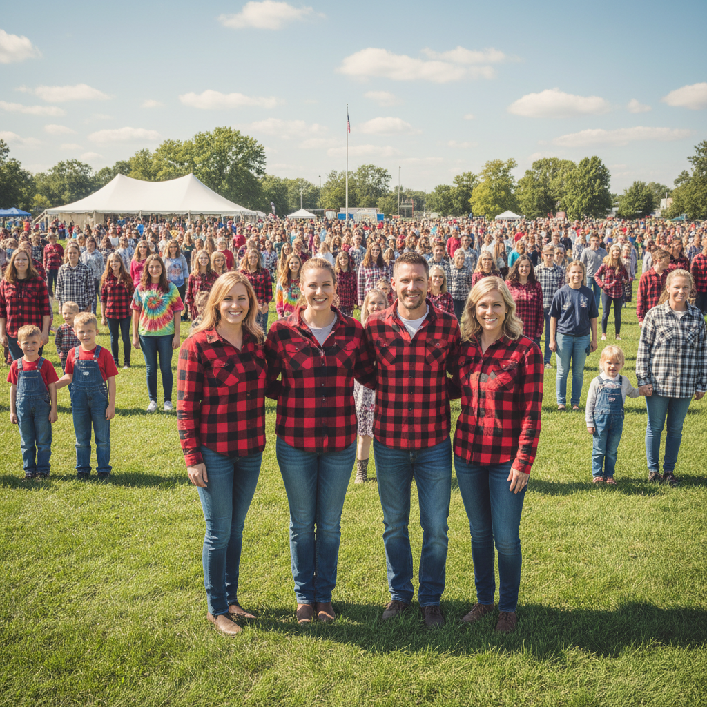 Twins Days festival in Twinsburg Ohio: rows of identical twins in matching outfits filling a sunny park lawn