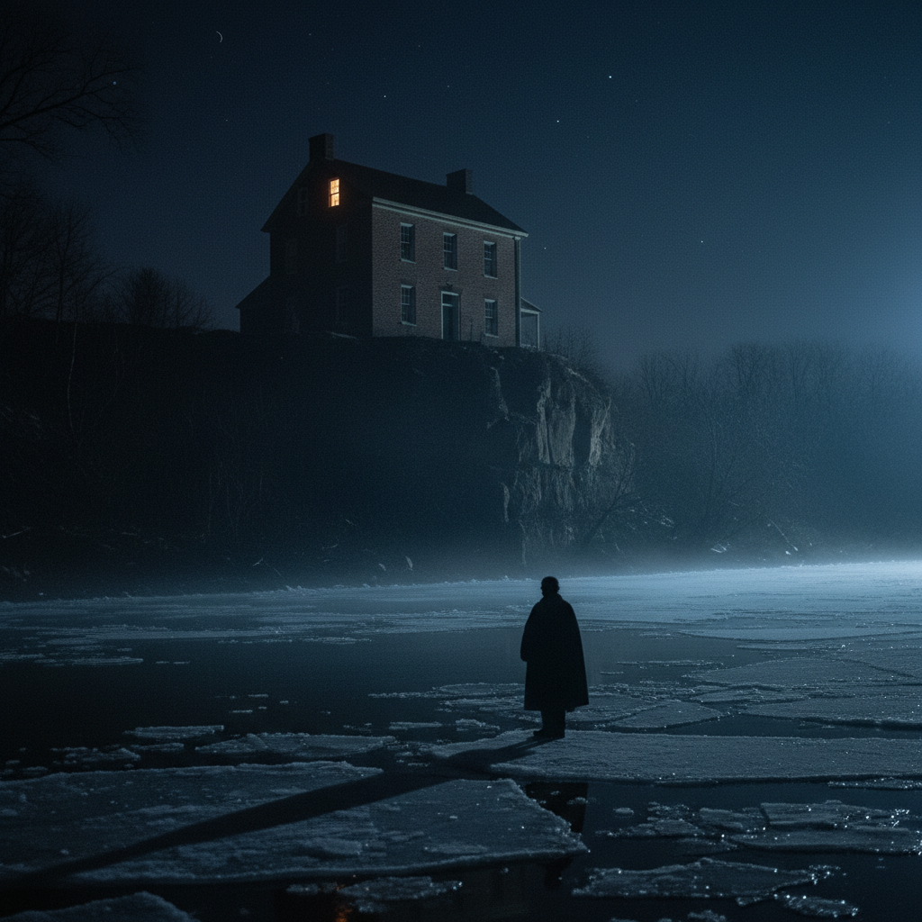 The Rankin House on a bluff over the Ohio River at night, a lit lantern in the attic window guiding a figure crossing the icy river below