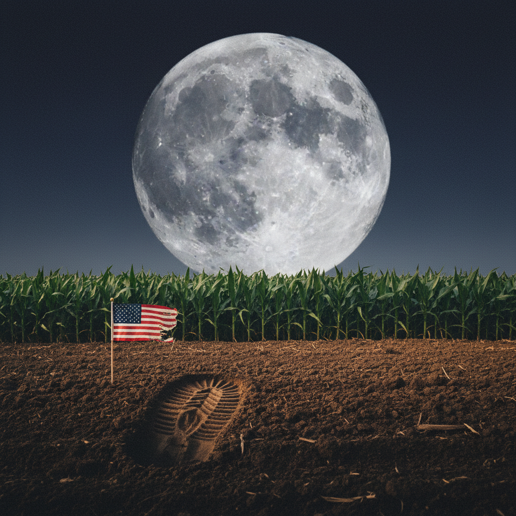 A boot print in the soil at the edge of an Ohio cornfield in Wapakoneta with a huge full moon overhead
