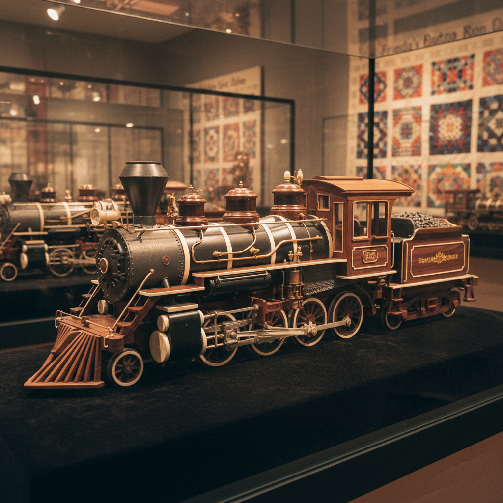 A close-up of one of Mooney Warther's hand-carved walnut-and-ivory scale-model steam locomotives in a museum display case