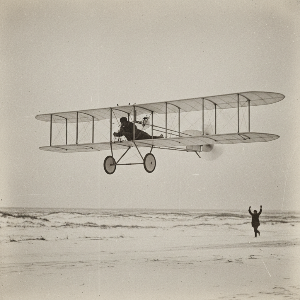 The 1903 Wright Flyer in early powered flight over wintry coastal dunes